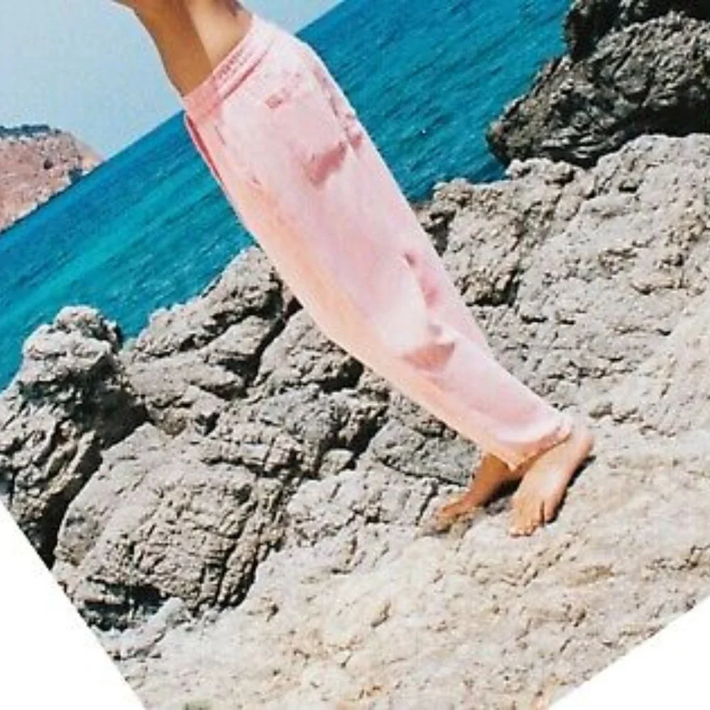 Zara Raw Hem Trousers Pink Linen Blend High Rise Utility Joggers